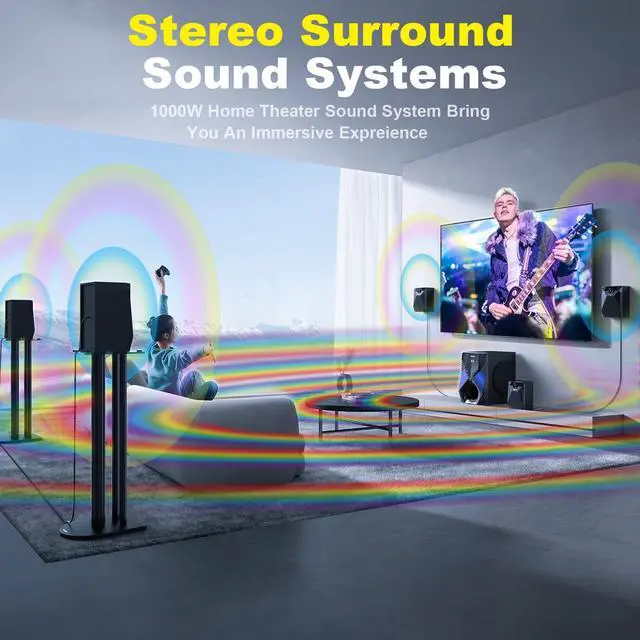 Alt view image 2 of 7 - Home Theater System, 1000 Watts Peak Power Surround Sound Systems | 5 Wired Satellite Audio Speakers 8" Subwoofer 5.1/2.1 Channel Deep Bass with ARC Optical Bluetooth AUX Input
