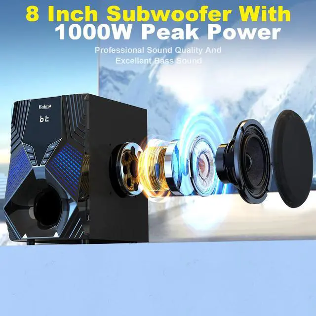 Alt view image 4 of 7 - Home Theater System, 1000 Watts Peak Power Surround Sound Systems | 5 Wired Satellite Audio Speakers 8" Subwoofer 5.1/2.1 Channel Deep Bass with ARC Optical Bluetooth AUX Input