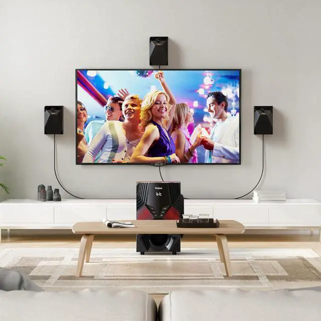 Alt view image 6 of 7 - Home Theater System, 1000 Watts Peak Power Surround Sound Systems | 5 Wired Satellite Audio Speakers 8" Subwoofer 5.1/2.1 Channel Deep Bass with ARC Optical Bluetooth AUX Input