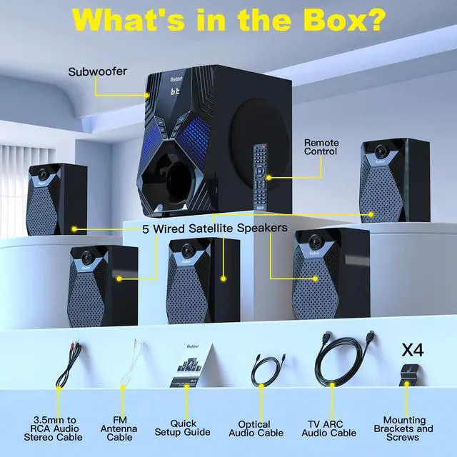 Alt view image 7 of 7 - Home Theater System, 1000 Watts Peak Power Surround Sound Systems | 5 Wired Satellite Audio Speakers 8" Subwoofer 5.1/2.1 Channel Deep Bass with ARC Optical Bluetooth AUX Input