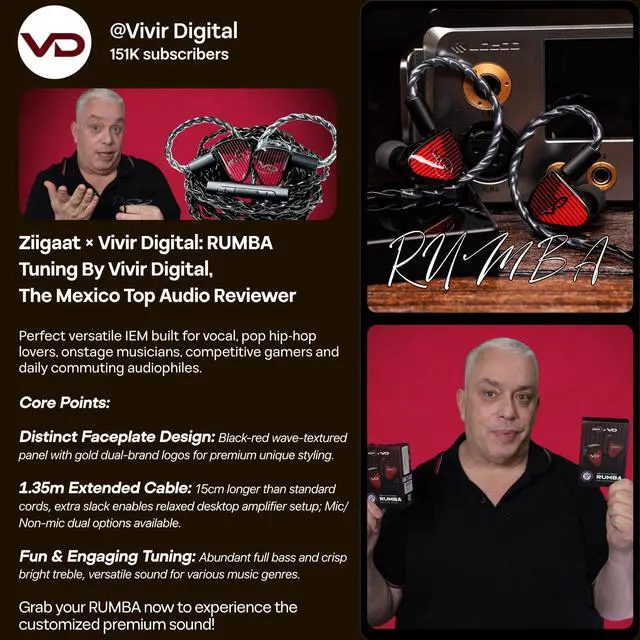Alt view image 3 of 7 - ZiiGaat x Vivir Digital: Rumba 10mm Graphene DD Driver IEM Earphones, HiFi Wired Earbuds with Powerful Sub Bass, Detachable 2-Pin Cable for Audiophile, Gaming, Music & Stage (Without Mic)