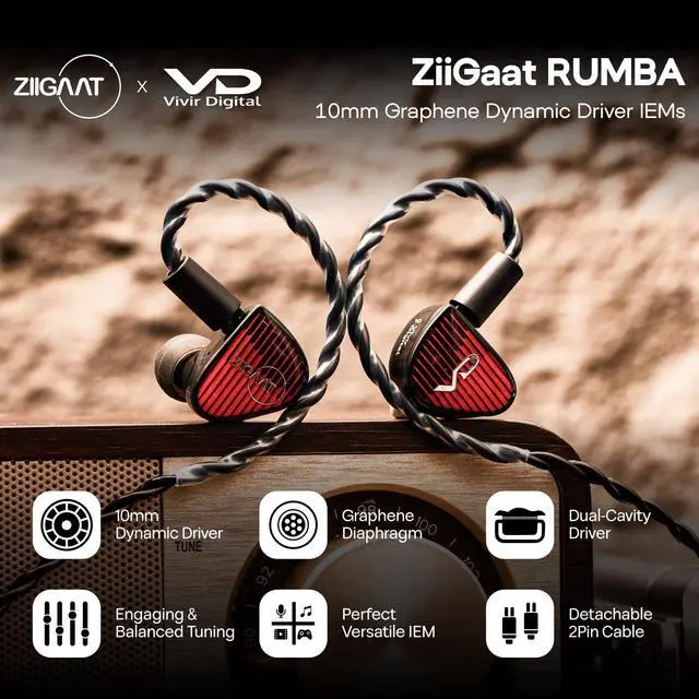 Alt view image 2 of 7 - ZiiGaat x Vivir Digital: Rumba 10mm Graphene DD Driver IEM Earphones, HiFi Wired Earbuds with Powerful Sub Bass, Detachable 2-Pin Cable for Audiophile, Gaming, Music & Stage (Without Mic)