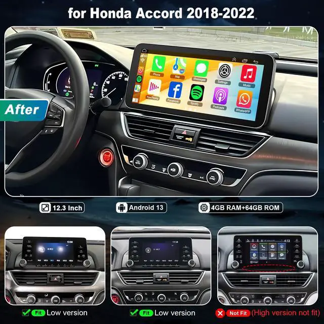 Alt view image 2 of 7 - Car Radio Stereo for Honda Accord 10th 2018 2019 2020 2021 2022 | 4GB+64GB, Android GPS Wireless CarPlay Android Auto Navi Upgrade Head Unit 12.3 Inch Screen,SWC FM Bluetooth Backup Camera