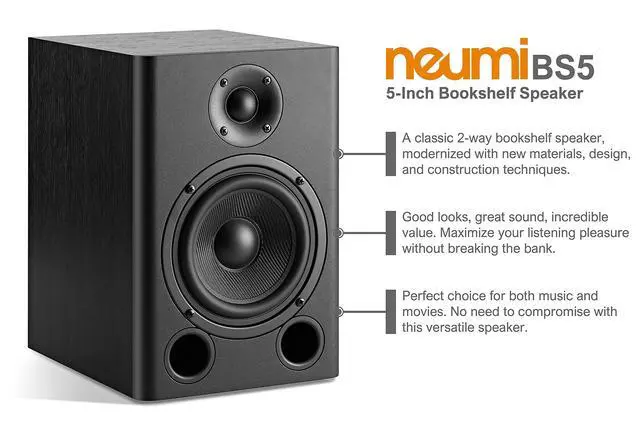 Alt view image 2 of 7 - NEUMI BS5 Passive Bookshelf Speakers, 5-Inch Woofer, Dark Wood, 1 Pair | 1-inch silk dome tweeter, rear ported cabinet, for home theater, stereo music and surround sound