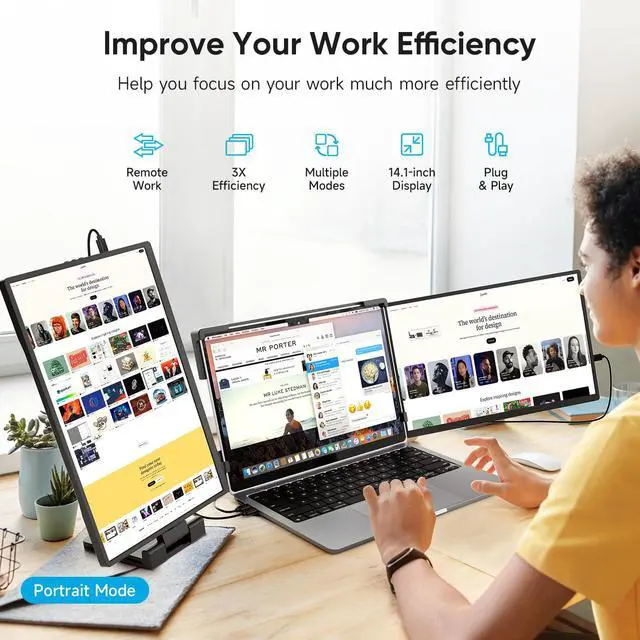 Alt view image 5 of 7 - Laptop Screen Extender, 14" Triple Portable Monitor for Laptop, FHD 1200P IPS Screen Extender Monitors for 14"-17.3" Carry a USB flash drivePlug & Play Compatible with Windows, Mac, Android