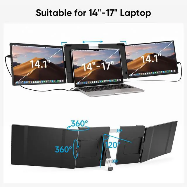 Alt view image 7 of 7 - Laptop Screen Extender, 14" Triple Portable Monitor for Laptop, FHD 1200P IPS Screen Extender Monitors for 14"-17.3" Carry a USB flash drivePlug & Play Compatible with Windows, Mac, Android