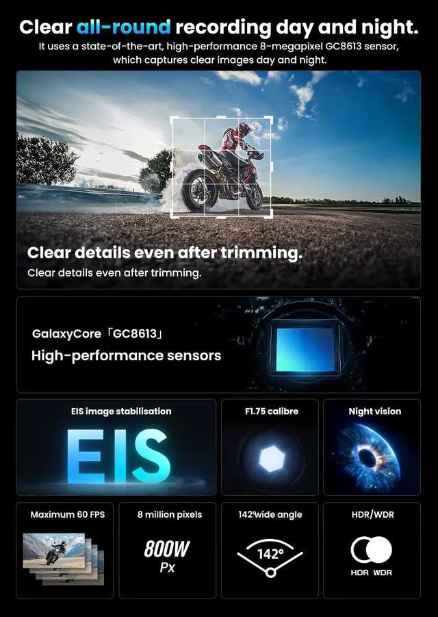 Alt view image 2 of 7 - 710Pro EIS Motorcycle Camera, 4K28FPS 20MP WiFi Dash Cam, IP66 Ultra HD Waterproof Motorcycle Helmet Camera, 142° Wide Angle View Night Vision with 64GB Card, G-Sensor, Parking Mode