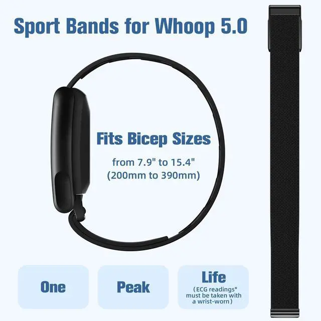 Alt view image 2 of 7 - Nylon Bicep Band Compatible with Whoop 5.0 Bands One, Peak and Life MG, Breathable Sport Adjustable Elastic Replacement Strap for Whoop Bicep Band 5.0 Fitness Activity Tracker, BlackBlack