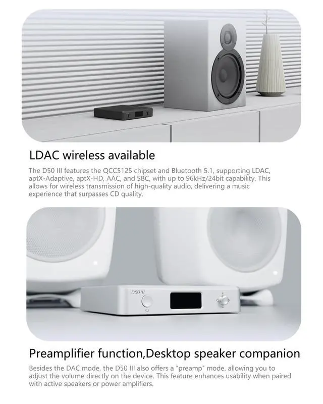 Alt view image 6 of 7 - D50 III Desktop HiFi DAC & Preamplifier, Dual ES9039Q2M, Bluetooth 5.1, Hi-Res Audio, DSD512/PCM768kHz Support, RCA/TRS Outputs, Includes 12V Trigger and Remote Control (Black)