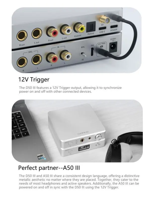 Alt view image 5 of 7 - D50 III Desktop HiFi DAC & Preamplifier, Dual ES9039Q2M, Bluetooth 5.1, Hi-Res Audio, DSD512/PCM768kHz Support, RCA/TRS Outputs, Includes 12V Trigger and Remote Control (Black)
