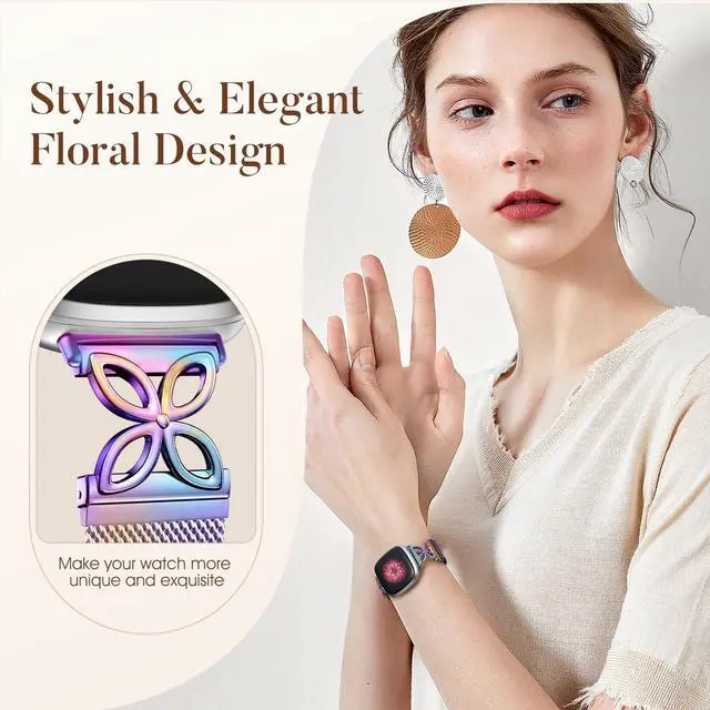 Alt view image 2 of 7 - Compatible with Fitbit Versa 4 Bands for Woman Men/Fitbit Sense 2 Bands for Women, Magnetic Stainless Steel Soft Mesh Loop Strap Replacement for Fitbit Versa 4/Versa 3/Sense Smartwatch, Colorful
