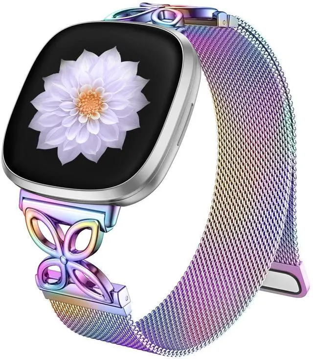 Main image of Compatible with Fitbit Versa 4 Bands for Woman Men/Fitbit Sense 2 Bands for Women, Magnetic Stainless Steel Soft Mesh Loop Strap Replacement for Fitbit Versa 4/Versa 3/Sense Smartwatch, Colorful