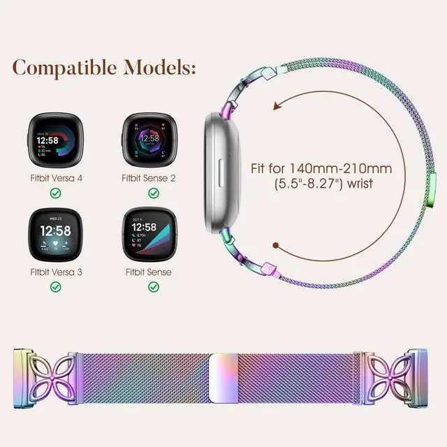 Alt view image 5 of 7 - Compatible with Fitbit Versa 4 Bands for Woman Men/Fitbit Sense 2 Bands for Women, Magnetic Stainless Steel Soft Mesh Loop Strap Replacement for Fitbit Versa 4/Versa 3/Sense Smartwatch, Colorful