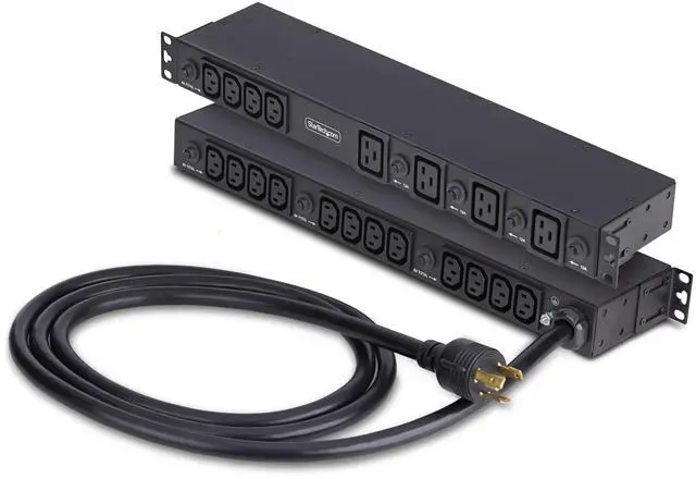 Main image of StarTech 20-Outlet 1U PDU, C13 & C19, 30A 240V, TAA (2030B8H-RACK-PDU-IC) | Server power strip, 16x C13 + 4x C19, 8x front and 12x rear outlets, NEMA L6-30P wall connection, UL-listed, 15A breakers