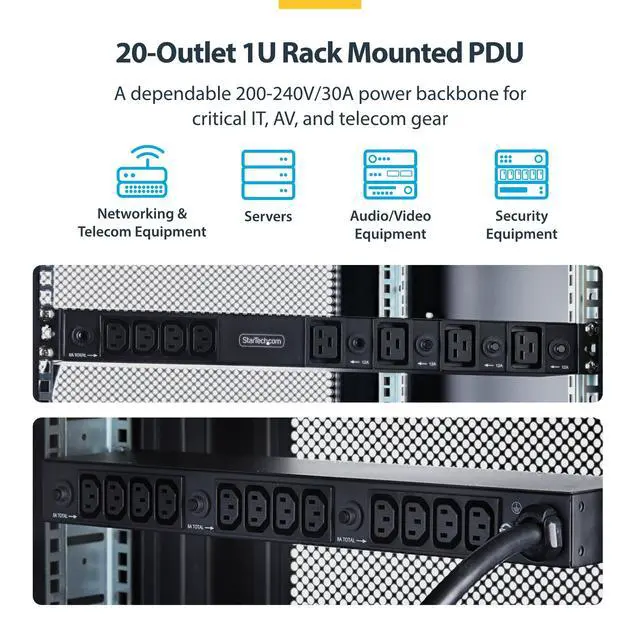 Alt view image 2 of 7 - StarTech 20-Outlet 1U PDU, C13 & C19, 30A 240V, TAA (2030B8H-RACK-PDU-IC) | Server power strip, 16x C13 + 4x C19, 8x front and 12x rear outlets, NEMA L6-30P wall connection, UL-listed, 15A breakers