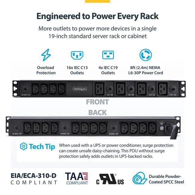 Alt view image 3 of 7 - StarTech 20-Outlet 1U PDU, C13 & C19, 30A 240V, TAA (2030B8H-RACK-PDU-IC) | Server power strip, 16x C13 + 4x C19, 8x front and 12x rear outlets, NEMA L6-30P wall connection, UL-listed, 15A breakers