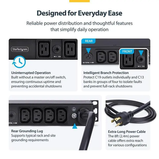 Alt view image 4 of 7 - StarTech 20-Outlet 1U PDU, C13 & C19, 30A 240V, TAA (2030B8H-RACK-PDU-IC) | Server power strip, 16x C13 + 4x C19, 8x front and 12x rear outlets, NEMA L6-30P wall connection, UL-listed, 15A breakers