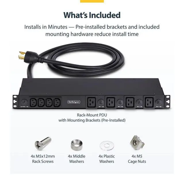 Alt view image 6 of 7 - StarTech 20-Outlet 1U PDU, C13 & C19, 30A 240V, TAA (2030B8H-RACK-PDU-IC) | Server power strip, 16x C13 + 4x C19, 8x front and 12x rear outlets, NEMA L6-30P wall connection, UL-listed, 15A breakers