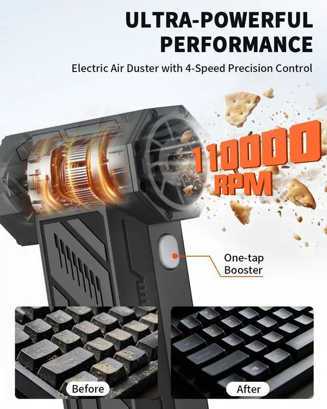 Alt view image 2 of 7 - Compressed Air Duster, 110000RPM Super Power Cordless Air Duster | Rechargeable Brushless Blower, Dust Air Blower for Electronics, 4 Gear Adjustable, Home & Outdoor Cleaning, Black