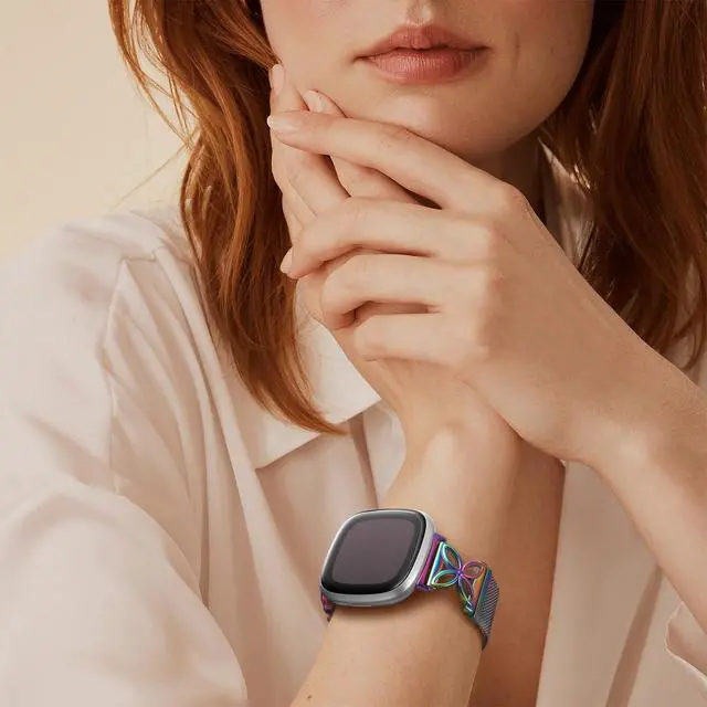 Alt view image 7 of 7 - Compatible with Fitbit Versa 4 Bands for Woman Men/Fitbit Sense 2 Bands for Women, Magnetic Stainless Steel Soft Mesh Loop Strap Replacement for Fitbit Versa 4/Versa 3/Sense Smartwatch, Colorful