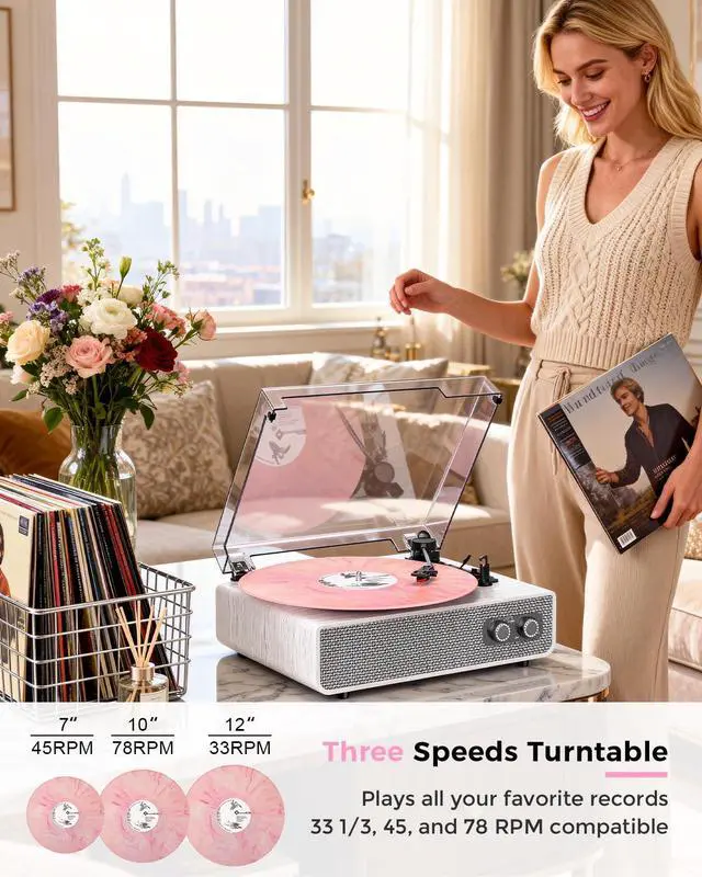Alt view image 2 of 7 - Vinyl Record Player with Upgraded Built-in Speakers, 3-Speed Belt-Driven Bluetooth Turntable for Vinyl Records, White Wood Grain Vintage Phonograph with RCA Out & AUX in, Auto Stop, MDF Cabinet