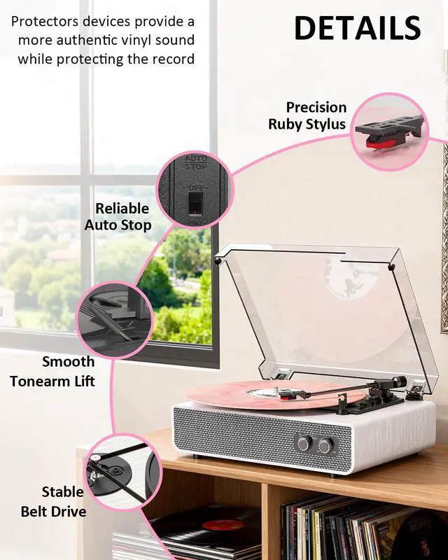 Alt view image 3 of 7 - Vinyl Record Player with Upgraded Built-in Speakers, 3-Speed Belt-Driven Bluetooth Turntable for Vinyl Records, White Wood Grain Vintage Phonograph with RCA Out & AUX in, Auto Stop, MDF Cabinet