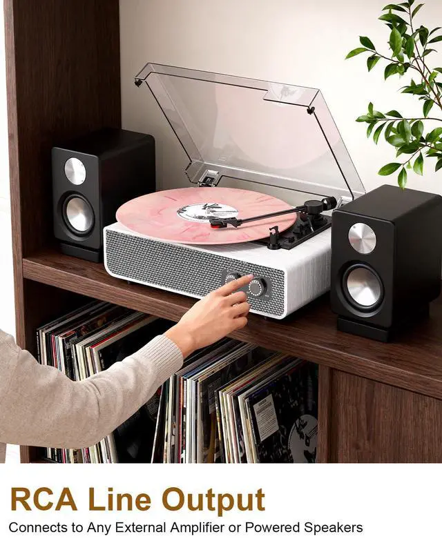 Alt view image 4 of 7 - Vinyl Record Player with Upgraded Built-in Speakers, 3-Speed Belt-Driven Bluetooth Turntable for Vinyl Records, White Wood Grain Vintage Phonograph with RCA Out & AUX in, Auto Stop, MDF Cabinet