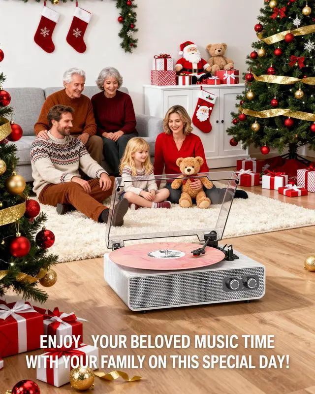 Alt view image 5 of 7 - Vinyl Record Player with Upgraded Built-in Speakers, 3-Speed Belt-Driven Bluetooth Turntable for Vinyl Records, White Wood Grain Vintage Phonograph with RCA Out & AUX in, Auto Stop, MDF Cabinet