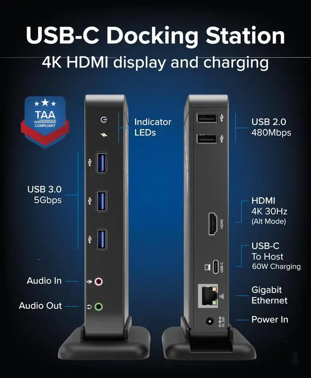 Alt view image 2 of 7 - USB-C Dock with 4K HDMI and 60W Charging, Compatible with MacBook Neo, Thunderbolt 3/4, USB4, and USB-C macOS, Windows, and Chromebook, 1Gbps Ethernet, 3X USB 3.0, 2X USB 2.0, Driverless