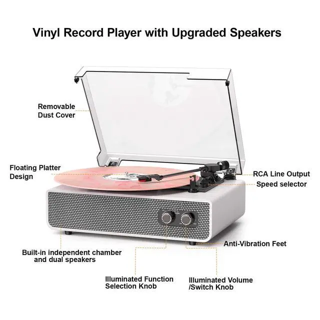 Alt view image 6 of 7 - Vinyl Record Player with Upgraded Built-in Speakers, 3-Speed Belt-Driven Bluetooth Turntable for Vinyl Records, White Wood Grain Vintage Phonograph with RCA Out & AUX in, Auto Stop, MDF Cabinet