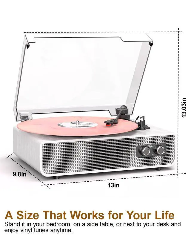Alt view image 7 of 7 - Vinyl Record Player with Upgraded Built-in Speakers, 3-Speed Belt-Driven Bluetooth Turntable for Vinyl Records, White Wood Grain Vintage Phonograph with RCA Out & AUX in, Auto Stop, MDF Cabinet