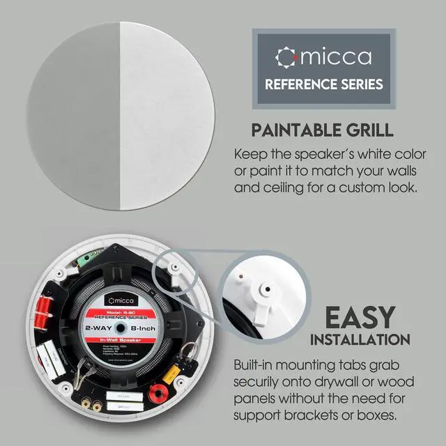 Alt view image 3 of 7 - R-8C Reference 8-Inch 2-Way in-Ceiling Speaker, Round, Each, White | 9.5-Inch Cutout, Home Theater, 8" Carbon-Glass Woofer and 1" Aimable Aluminum-Dome Tweeter, Tone Controls, Low Profile Grille