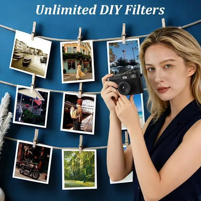 Alt view image 5 of 7 - Screen Free Digital Camera, Reusable 12MP Vintage Digital Camera | Unlimited DIY Filters, OTG Support and Flash Light for Summer Camp with 8GB Micro SD Card, OTG Adapter & Type-C CableBlack
