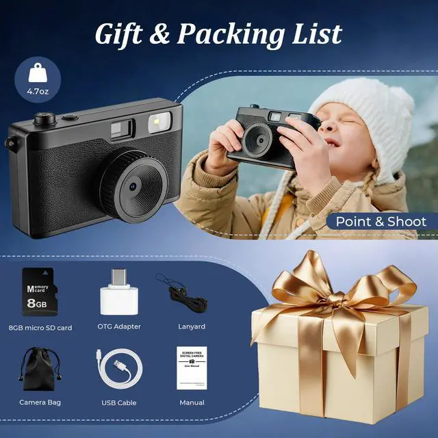 Alt view image 7 of 7 - Screen Free Digital Camera, Reusable 12MP Vintage Digital Camera | Unlimited DIY Filters, OTG Support and Flash Light for Summer Camp with 8GB Micro SD Card, OTG Adapter & Type-C CableBlack