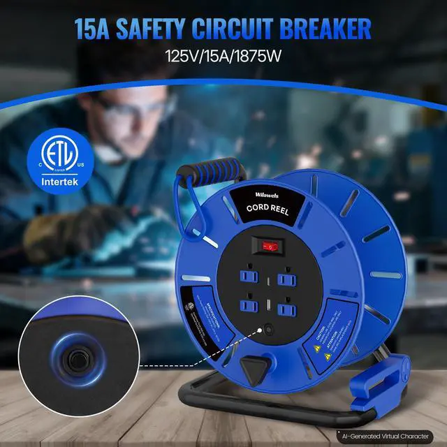Alt view image 3 of 7 - Extension Cord Storage Reel with 4-Grounded Outlet & 2 USB Port, 15A Circuit Breaker, Heavy Duty Open Cord Reel for 12/3,14/3 Gauge Power Cord, Hand Wind Retractable, ETL Listed Blue U85CR06