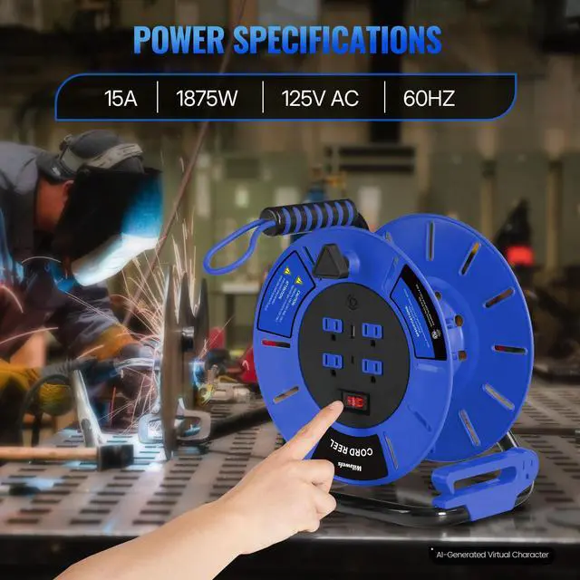 Alt view image 4 of 7 - Extension Cord Storage Reel with 4-Grounded Outlet & 2 USB Port, 15A Circuit Breaker, Heavy Duty Open Cord Reel for 12/3,14/3 Gauge Power Cord, Hand Wind Retractable, ETL Listed Blue U85CR06