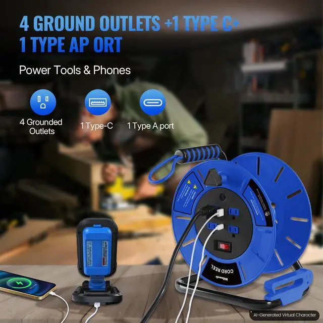Alt view image 5 of 7 - Extension Cord Storage Reel with 4-Grounded Outlet & 2 USB Port, 15A Circuit Breaker, Heavy Duty Open Cord Reel for 12/3,14/3 Gauge Power Cord, Hand Wind Retractable, ETL Listed Blue U85CR06