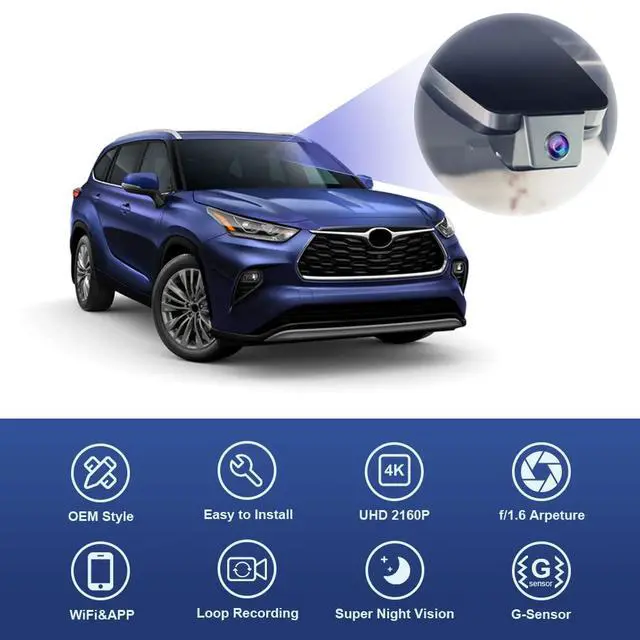 Alt view image 3 of 6 - 4K Dash Cam Suitable for Toyota Highlander 2020-2026 & Highlander Hybrid (Gen4/UX70), OEM Factory Look, UHD 2160P Video, Built-in WiFi & APP, Loop Recording, G-Sensor, Plug & Play, 64GB Card