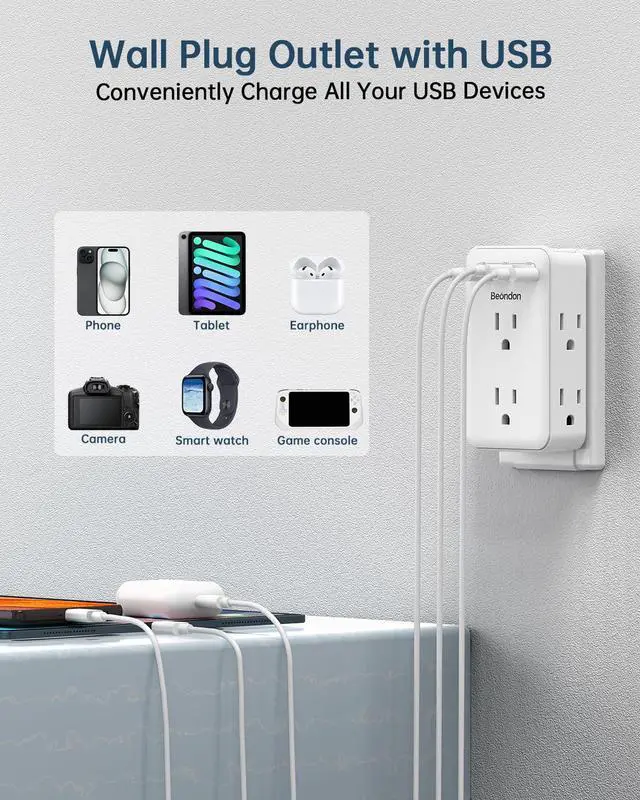 Alt view image 4 of 6 - 2 to 3 Prong Outlet Adapter with 6 Outlets, 3 USB Ports, 1 Pack | Three-sided wall extender for older two-prong outlets in homes, apartments and hotels. Does not provide grounding