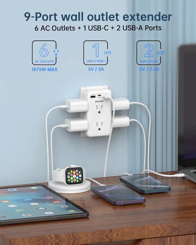 Alt view image 5 of 6 - 2 to 3 Prong Outlet Adapter with 6 Outlets, 3 USB Ports, 1 Pack | Three-sided wall extender for older two-prong outlets in homes, apartments and hotels. Does not provide grounding