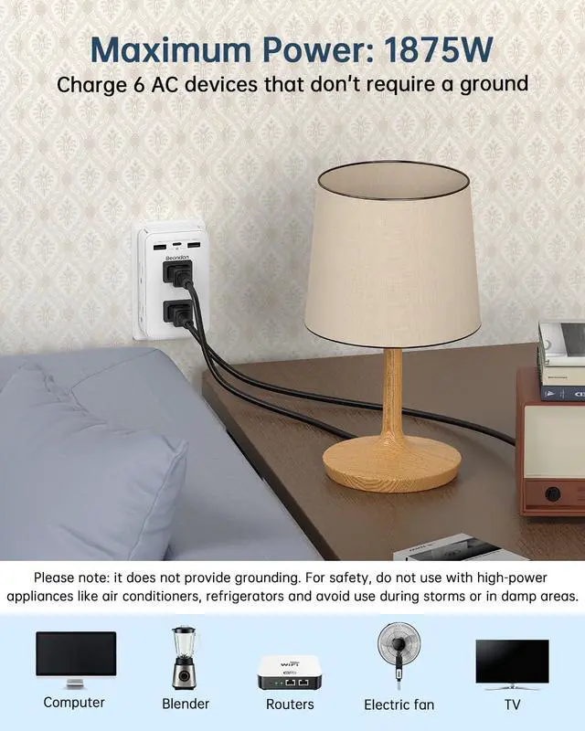 Alt view image 6 of 6 - 2 to 3 Prong Outlet Adapter with 6 Outlets, 3 USB Ports, 1 Pack | Three-sided wall extender for older two-prong outlets in homes, apartments and hotels. Does not provide grounding