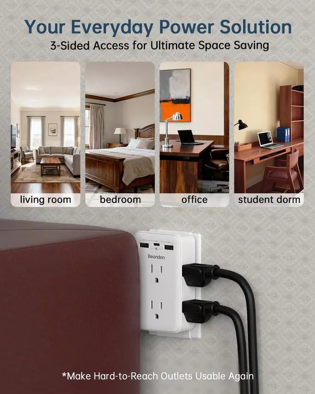 Alt view image 3 of 6 - 2 to 3 Prong Outlet Adapter with 6 Outlets, 3 USB Ports, 1 Pack | Three-sided wall extender for older two-prong outlets in homes, apartments and hotels. Does not provide grounding