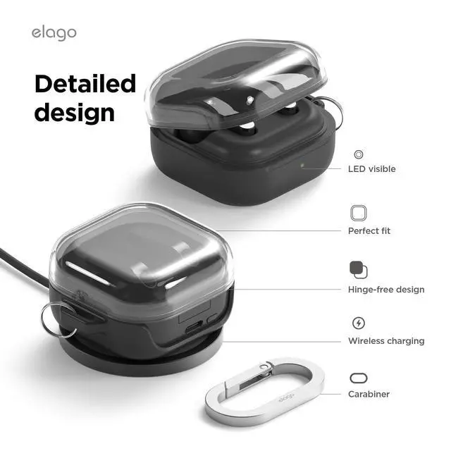 Alt view image 7 of 7 - Duo Case for Galaxy Buds 4 Pro & Galaxy Buds 4 | Duo with Carabiner, Premium Silicone + TPU Cover, Wireless Charging, for Men, for Women (Clear - Black)