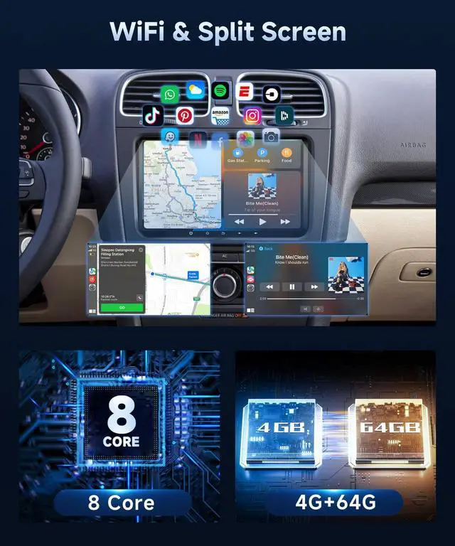 Alt view image 4 of 7 - 4+64G Android Car Radio Stereo with Wireless Carplay for VW Passat Tiguan Golf MK5 MK6 Jetta Skoda Seat Polo 9 Inch Capacitive Touch Screen Android Auto GPS Navigation Bluetooth FM GPS Radio