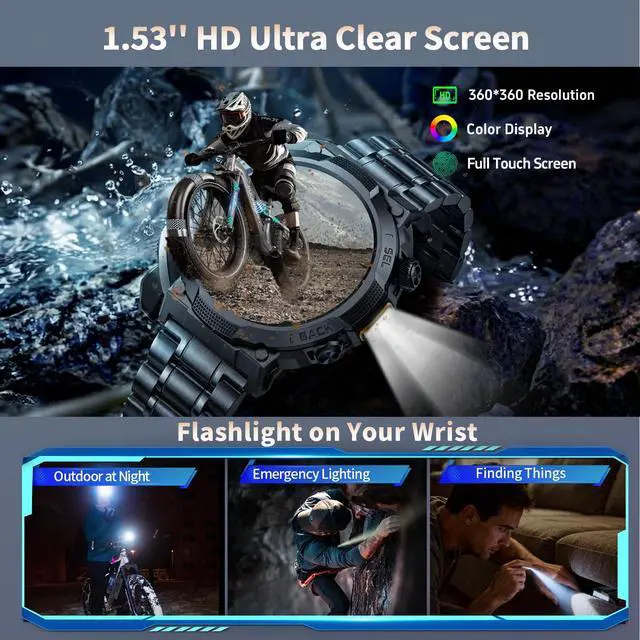 Alt view image 4 of 7 - Military Smart Watch for Men (Answer/Make Calls), 50+ Days Battery Life | 1.53" HD, 110+ sports modes, heart rate/sleep monitor, IP68 waterproof, Fitness Watch with LED Flashlight for iOS/Android