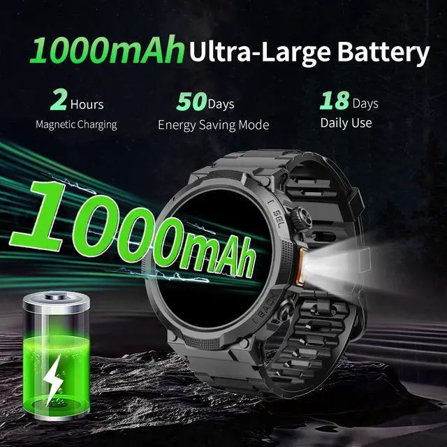 Alt view image 3 of 7 - Military Smart Watch for Men (Answer/Make Calls), 50+ Days Battery Life | 1.53" HD, 110+ sports modes, heart rate/sleep monitor, IP68 waterproof, Fitness Watch with LED Flashlight for iOS/Android