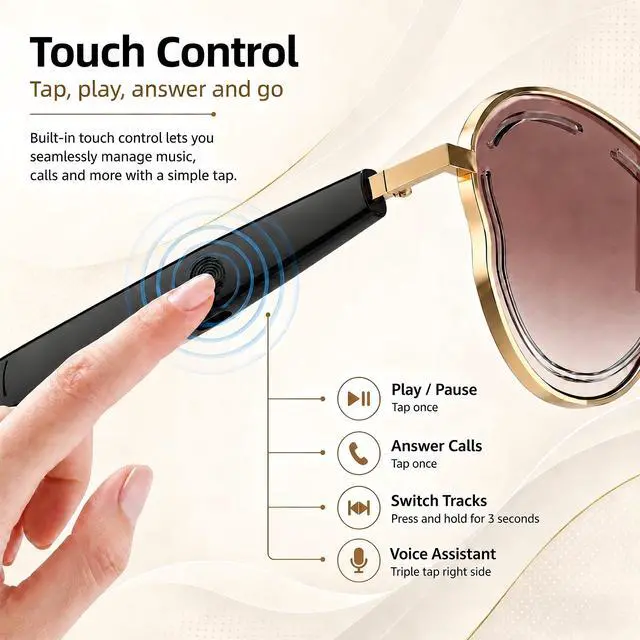Alt view image 3 of 7 - Smart Glasses for Women Men, Open Ear Audio, 7H Playtime, Mic & Speakers | Bluetooth Sunglasses, Touch Control for Sports Driving, Bilateral Power-On, Large Frame, Eye Care for Outdoor