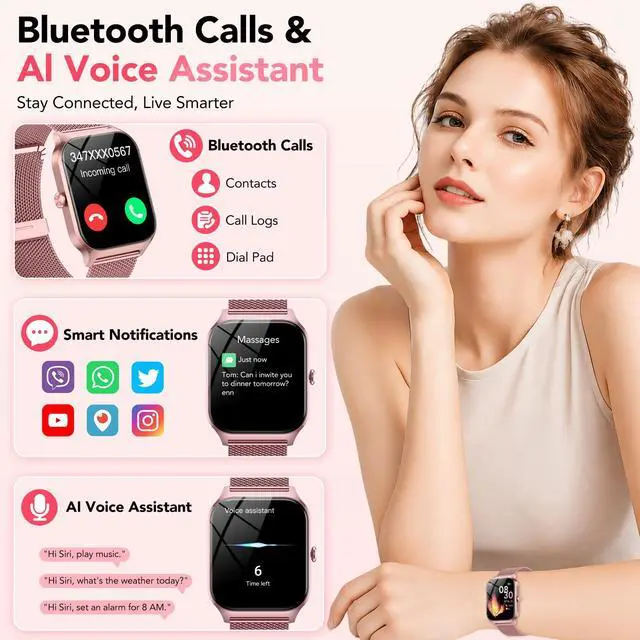 Alt view image 2 of 7 - Smart Watch for Women, Answer/Make Call/AI Voice,1.85" HD Smartwatch Compatible for iPhone/Samsung/Android,120+Sport Modes Fitness Tracker with Heart Rate/Sleep Monitor, IP68Waterproof (2 Bands)