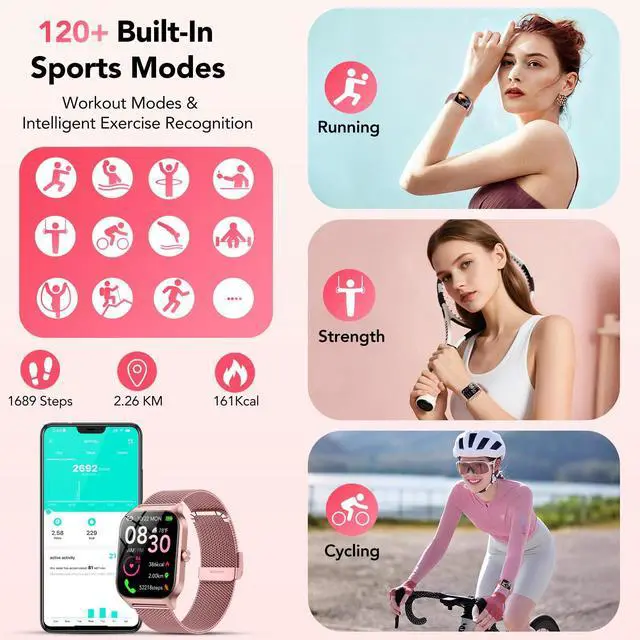Alt view image 4 of 7 - Smart Watch for Women, Answer/Make Call/AI Voice,1.85" HD Smartwatch Compatible for iPhone/Samsung/Android,120+Sport Modes Fitness Tracker with Heart Rate/Sleep Monitor, IP68Waterproof (2 Bands)