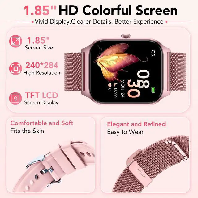 Alt view image 7 of 7 - Smart Watch for Women, Answer/Make Call/AI Voice,1.85" HD Smartwatch Compatible for iPhone/Samsung/Android,120+Sport Modes Fitness Tracker with Heart Rate/Sleep Monitor, IP68Waterproof (2 Bands)